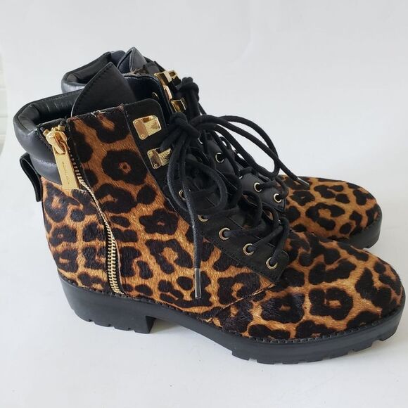 Michael Kors ROSARIO Leather Calf Hair Leopard Cheetah Combat Boots 7 7M brown - Picture 7 of 11